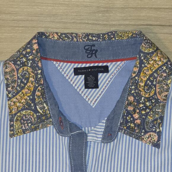 Tommy Hilfiger Men’s XL Striped Button Shirt Paisley Collar Cuffs Elbow Patch - Picture 5 of 7